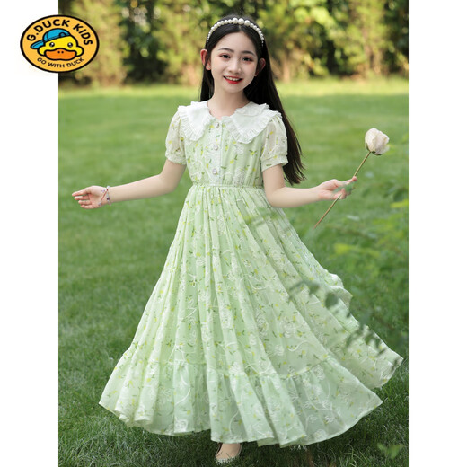 Harrow little yellow duck HAL.DUCK girls' dress summer 2025 new fashionable children's chiffon floral skirt thin big children's summer cotton skirt 6630 light blue free pearl headband 120 cm