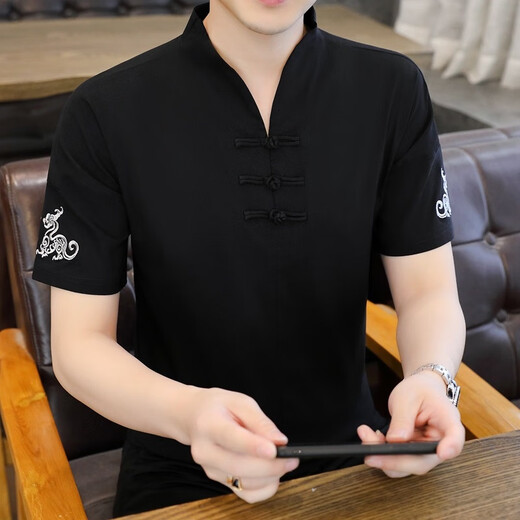 Pierre Cardin Ice Seide T-Shirt Herren kurzärmelig 2025 Neue Männer chinesischen Stil V-Ausschnitt mit halbärmeligem Sommer dünn chinesischer Stil T-Shirt E9871 Schwarz (Eissinler glatt) 5xl