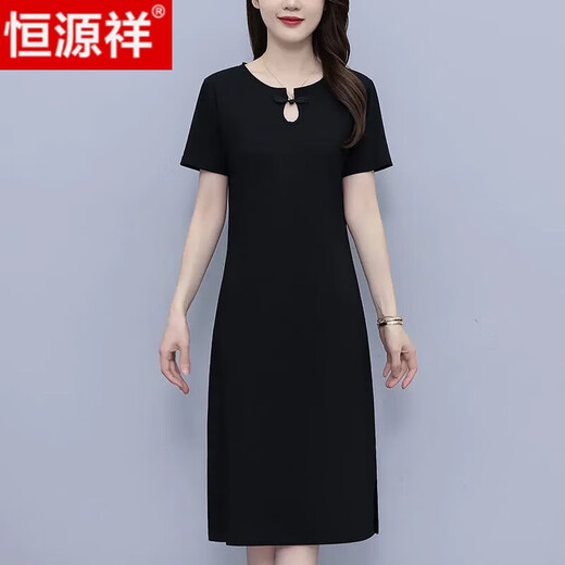 恒源祥纯棉中国风休闲连衣裙女2024夏季新款宽松显瘦气质过膝T恤裙 黑色(线条蝴蝶结) S 85斤-95斤