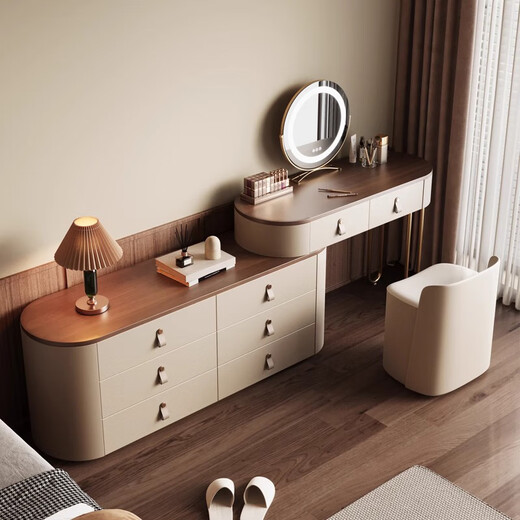 Shijiwu Dressing Table Retro Style Light Luxury French Bedside Cabinet Bedroom Modern Simple High-End Solid Wood Master Bedroom Dressing Table 120*45*75cm Dressing Table Six Drawers Cabinet + Mirror + Stool