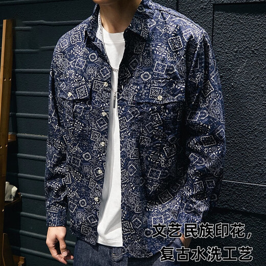 [American workwear] Men's loose cashew flower ethnic style literary retro British niche long-sleeved shirt Navy blue 9717-CPH XL [Suggested 120-140Jin [Jin equals 0.5 kg]]