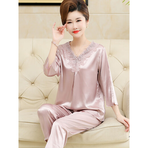 
Victoria's style ladies pajamas spring and summer ice silk cropped sleeves trousers middle-aged and elderly mothers loose plus size home clothing set 683 light pink [crock sleeves nine-point pants] 3XL Recommendation [160-180Jin [Jin equals 0.5 kg]]