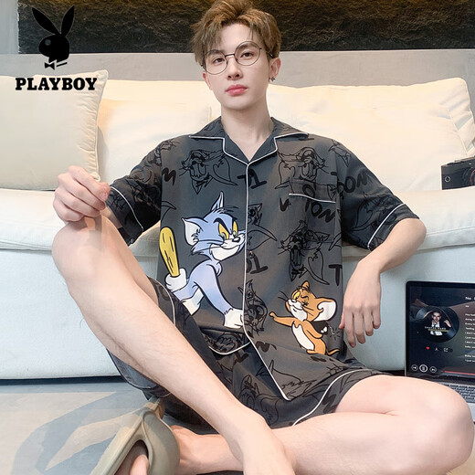 花花公子（PLAYBOY）纯棉男夏季薄款学生卡通大码宽松短袖外穿男士家居服休闲套装 3271短袖套装 M (70-100斤)