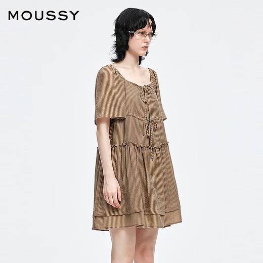 Moussy 2025 summer new product sweet waist-covering one-shoulder strap striped dress 028ISA33-4051 065 pattern brown S
