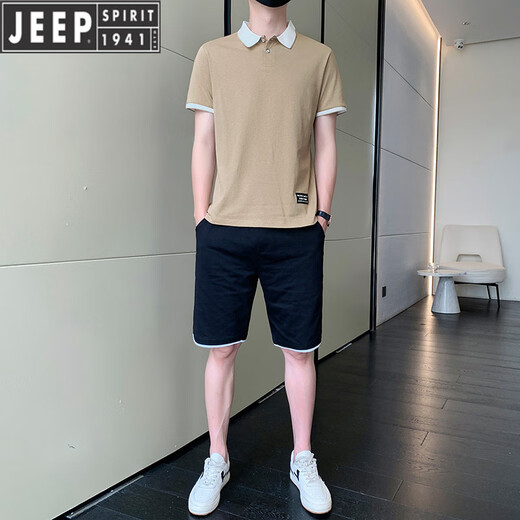 吉普（JEEP）运动休闲套装男士夏季薄款冰丝t恤短袖短裤两件套polo衫帅气百搭 灰色9863(一套) M