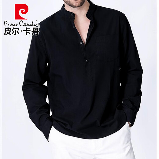 Pierre Cardin Spring and Summer New Henley Shirt Long Sleeve Men's Solid Color Cotton Beach Shirt Casual New Chinese Style Shirt Navy S