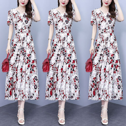 DRYWORLD2025 new summer chiffon floral dress with large size fat mm waist slimming and long skirt covering belly color [Apricot bottom red flower 9737 fashionable and versatile] 4XL