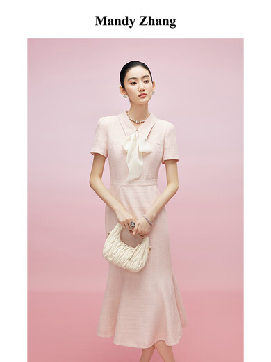 
Mandy Zhang'Golden Ratio Princess Line'S-shaped thin flashing small fragrant fish tail dress for women's summer dress Sakura pink (removable streamer) S