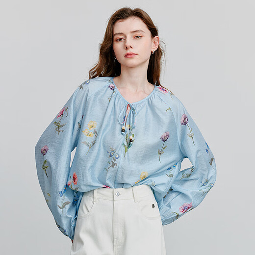 Chuyu Small Fresh Linen Printed Shirt Women's 2025 Spring New Loose Shirt Top Blue Bottom Green Velvet XL