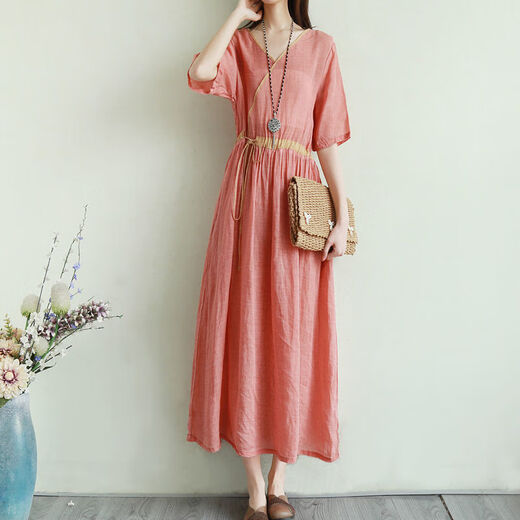 Hengyuanxiang retro literary solid color splicing dress for women 2025 summer large size loose slim lace waist long skirt Green XL [130-145Jin[Jin equals 0.5 kg]]