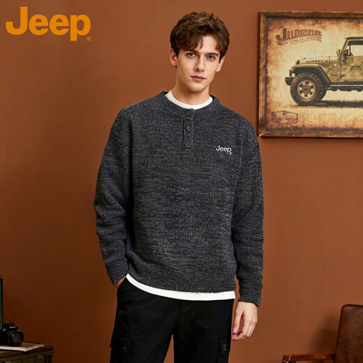 Jeep Brand Henley Collar Sweater Men's 2025 Autumn New Trendy Loose Casual Versatile Lazy Style Knitted Sweater Men Navy Blue M