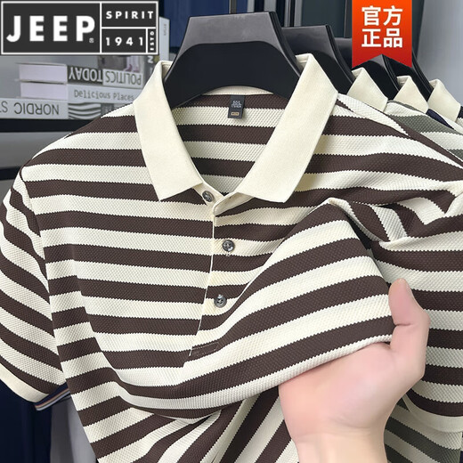 
JEEP SPIRIT short-sleeved T-shirt for men 2025 new striped lapel casual half-sleeved summer loose thin men short-sleeved POLO L9906 black M 165 recommended 90-120Jin [Jin equals 0.5 kg]