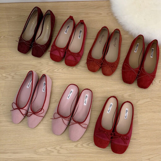 S.Sofea Red French Bow Flat Sole chaussures simples pour les chaussures de ballet à semelle douce d'été pour femmes J683-11 Suede plate Sole est plus petite en taille rouge 39