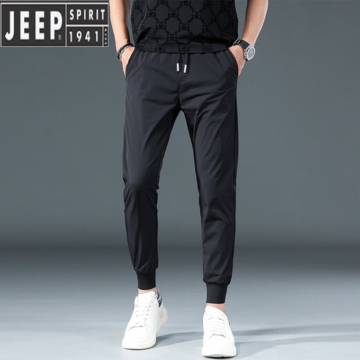 Jeep Spirit Feste Farbe Eisseide Harem Hosen Herren Sommer dünne elastische Taille Vielseitige Füße schnell trocken neun Punkte lässige Sporthosen schwarz 30