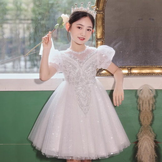 Bamino Girls 'Kleid leichte Luxus Sommer Kinder Klavier Performance Anzug Geburtstag Blumenmädchen Gastgeber Prinzessin Kleid Weiß 160