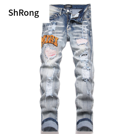 Shurong Hong Kong Trendy Marke European und American High Streetstyle Amiri Mode, schlankes elastisches, geradliniges gestickeltes Riss -Jeans S3892# 30