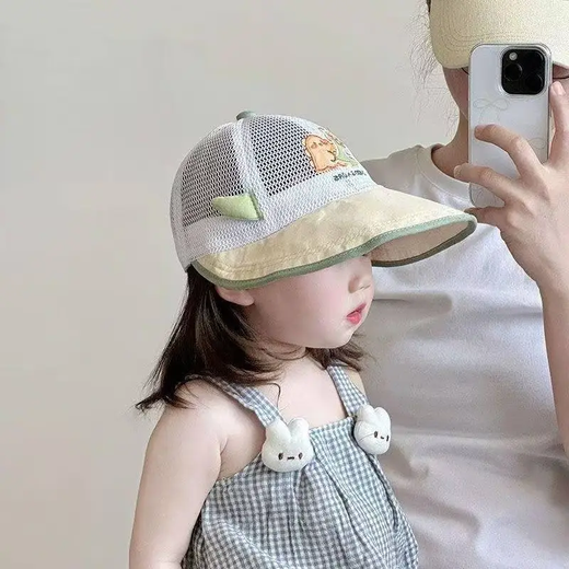 【多彩选择】儿童帽子夏季薄款透气网眼鸭舌帽男孩女宝宝婴儿遮阳 米色-DIN拉扯恐龙遮阳帽 1-5岁/头围48-52cm