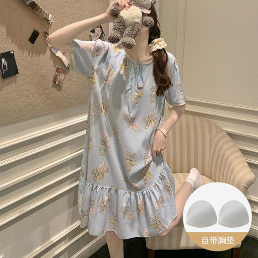 Victoria's style pajamas with chest pad for women in summer 2025 new loose and cute Korean style floral nightgown mid-length home clothing large size M16862 [with chest pad] M