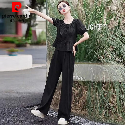 皮尔卡丹小香风套装女2025夏季新款时尚显瘦洋气减龄短袖休闲阔腿裤两件套 秀红色套装9227 S