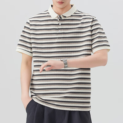 Polo de polo a rayas en blanco y negro de la marca japonesa debajo de Jiujiuwang Jiumuwang, camiseta de solapa de seda suelta de hielo de manga corta masculina.