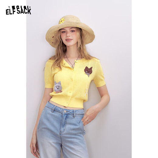 Fairy's pocket yellow hollow short-sleeved sweater for women 2025 summer outfit design Korean top Kitten yellow S