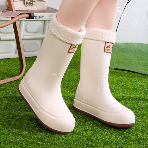 Mode Regenstiefel für Frauen mit mittlerer Röhre nicht rutschfeste wasserdichte Schuhe plus samtrische Regenstiefel Küche Arbeit vier Saison Gummischuhe überschuht Wasserstiefel weiß [flüdlos] 38