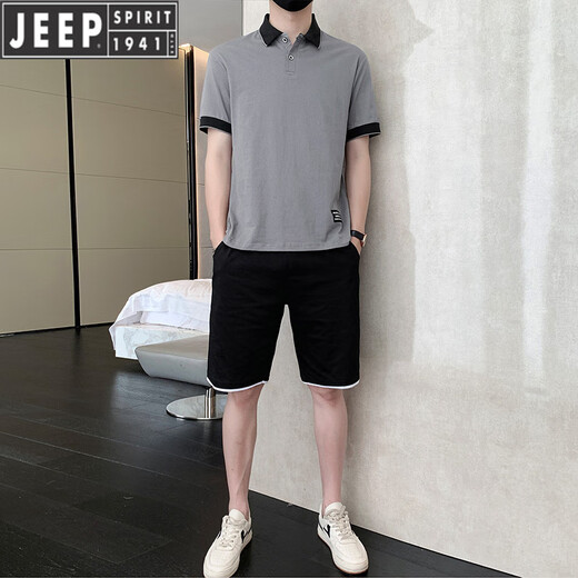 吉普（JEEP）运动休闲套装男士夏季薄款冰丝t恤短袖短裤两件套polo衫帅气百搭 灰色9863(一套) M