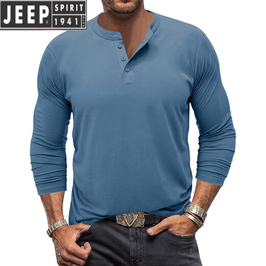 JEEP SPIRIT spring and autumn men's t-shirt American young and middle-aged solid color long-sleeved henley shirt men's simple versatile quick-drying sports T-shirt black XL