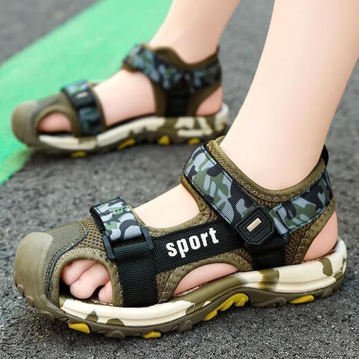 Sandals and flip-flops for boys, middle and large children, Baotou anti-slip style, summer 2025 children's shoes, children's boys' sports beach soft soles, TY-F028 military green, size 28, inner length 178 cm