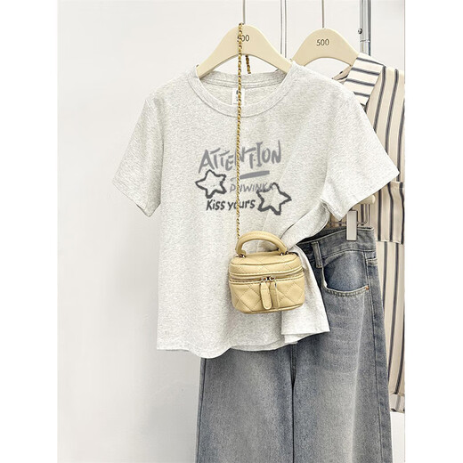 Weiße europäische T-Shirt-Frauen-Front-Schulter Kurzarm 2025 Sommer neuer schlanker reiner Baumwollsternbuchstaben drucken oben weiß grau (85-105jin [Jin gleich 0,5 kg]))