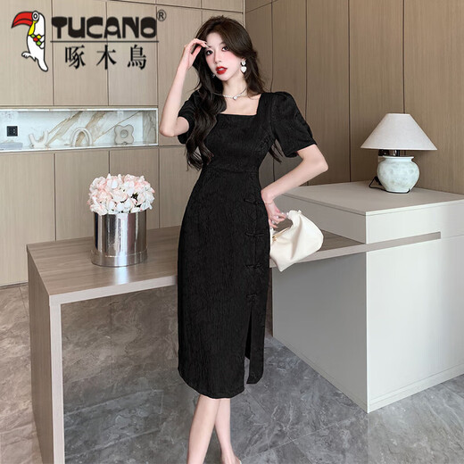 Woodpecker New Chinese Improved Cheongsam Skirt Women's Retro Patch-button Jacquard Dress Summer Square Collar Puff Sleeve Slit Hip Skirt 983-2 Long Black XL