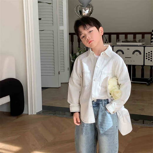 Children's clothing boys' contrasting line shirts 2025 new children's shirts spring and autumn styles for medium and large children long-sleeved trendy autumn tops white 160