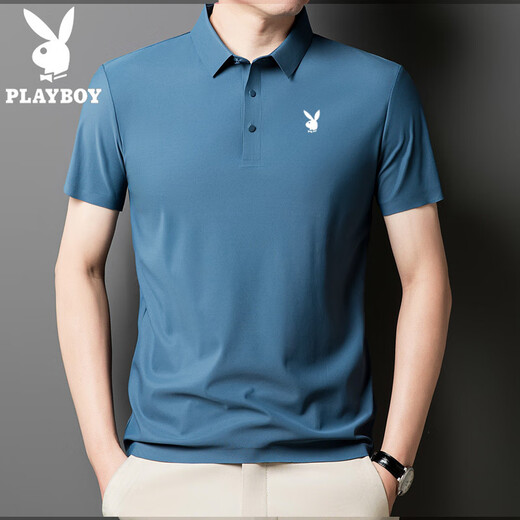 花花公子（PLAYBOY）高端男士短袖POLO衫2025夏季新款冰丝无痕感T恤上衣时尚潮流 藏青-12358-冰丝POLO衫 4XL 170-185斤