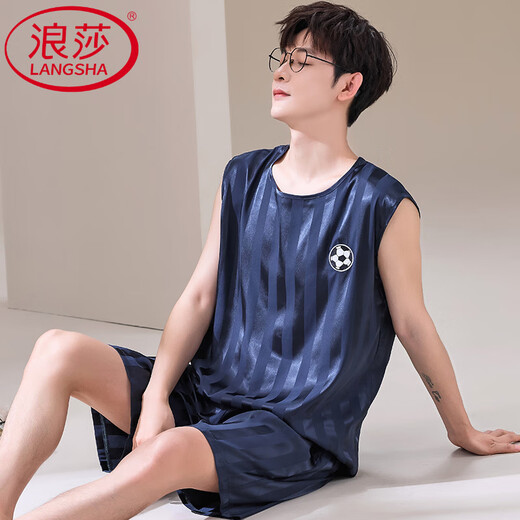 浪莎（LangSha）轻奢睡衣男夏季背心年新款青年简约冰感夏天薄款访真丝家居服套装 9901 冰丝 2XL (140一160斤)