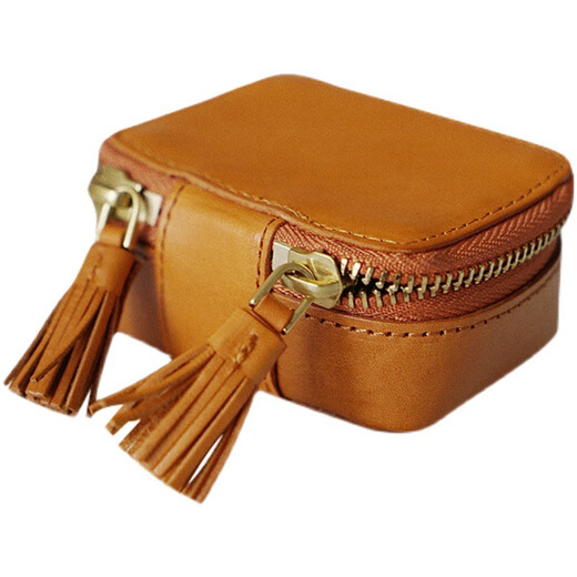 Retro handmade genuine leather cosmetic bag lipstick storage bag with mirror mini solid color makeup bag portable beeswax yellow