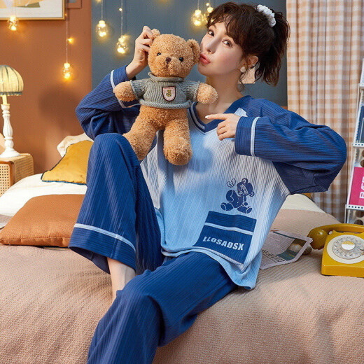 睡衣女春秋款长袖棉质套装2025年新款学生ins风秋冬季宽松家居服 J9926 M