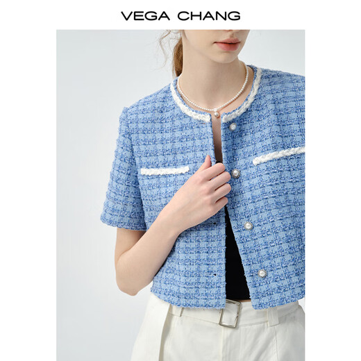 Vega Changvegachang Frauen Kurzjacke 2025 Neue Frühlings- und Sommer Retro Eleganer Stil gewebter kleiner Geschmack Kurzarmjacke Sky Blue_Second Batch s