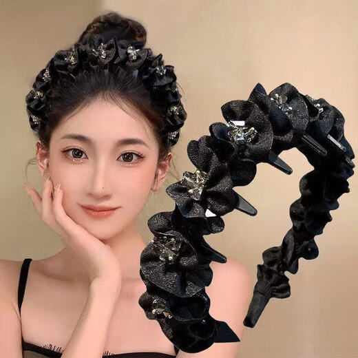 Princess of Paris headband for women 2025 new high-end rhinestone light luxury fashion fluffy high skull hairpin face wash headband black pleated rhinestone headband