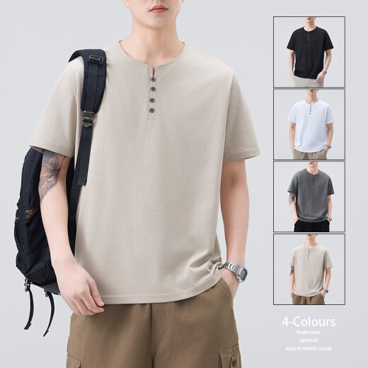 Dancing with the wolf 2025 new round neck contrasting color loose short-sleeved T-shirt summer cotton sports top men's trendy versatile half-sleeved klb691 green M 90--115Jin [Jin equals 0.5 kg]