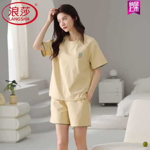 浪莎（LangSha）睡衣女款夏季纯棉短袖短裤简约休闲全棉薄款女士家居服套装 9859 【纯棉】 M 建议75-100斤穿