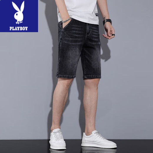 Playboy (Playboy) Denim Shorts Herren Sommer dünne koreanische Stil trendy losen geraden Männer lässige, hübsche hübsche Fünf-Punkte-Mid-Hose 671 Blue Grey 1 Strip 34 (2 Fuß 7)