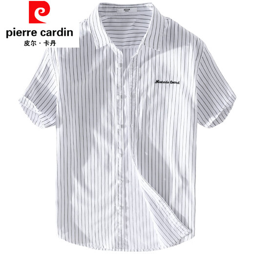 皮尔卡丹（pierre cardin）男士条纹衬衫短袖宽松夏季薄款日系休闲百搭纯棉衬衣夏装衣服针织 9721白色 M 100斤左右