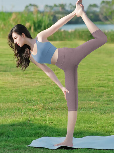 Shuangxiu three-point yoga pants 2025 new small high-waisted hip-lifting blue summer thin Pilates beautiful fitness pants gray blue top + Haiyueyan pants set XL 120-135