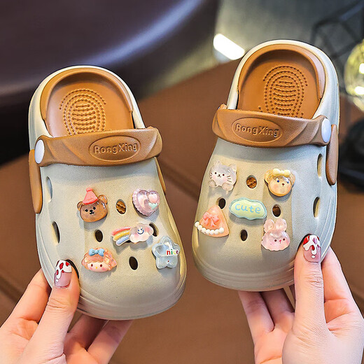 Eva Summer New Two-Color Migne Cartoon Boy and Girl Hole Chaussures Habores non résistants à l'usure des chaussures de trou de maison Khaki [Crystal] 30 longueur intérieure 19cm