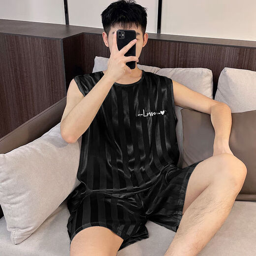 依慕琪夏季男士睡衣男大童初中学生冰丝夏天薄款背心睡裤夏款大码 情9901藏青男 L 男(100-120斤）