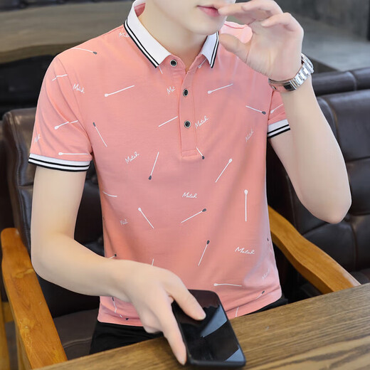 Centro comercial mismo estilo, camiseta de manga corta con solapa estampada de verano para hombres, polo informal de moda de algodón puro para hombres, media manga para hombres, negro QY677 2XL