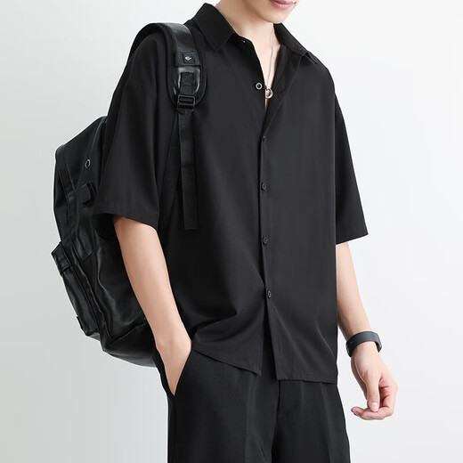 Short-sleeved shirt men's 2025 summer ice silk black casual shirt loose draping spring new business top white 3XL recommendation [165-175Jin[Jin equals 0.5 kg]]