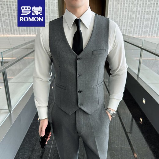 罗蒙（ROMON）新品西服套装男士韩版商务正装修身新郎伴郎礼服外套免烫休闲西装 深灰西服+马甲+裤子+衬衫腰带带 3XL (150~165斤)