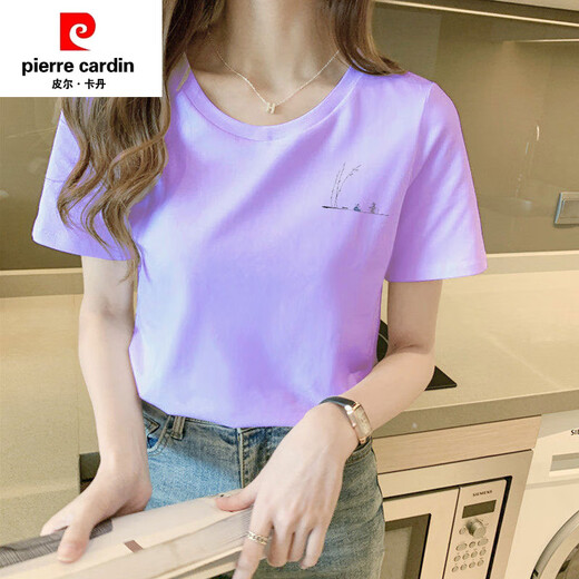 Pierre CARDIN milk apricot color shoulders Chinese style pure cotton short-sleeved T-shirt for women loose basic T-shirt summer 2025 new top trend 6172 smoky purple M (recommended 80-105Jin [Jin equals 0.5 kg])