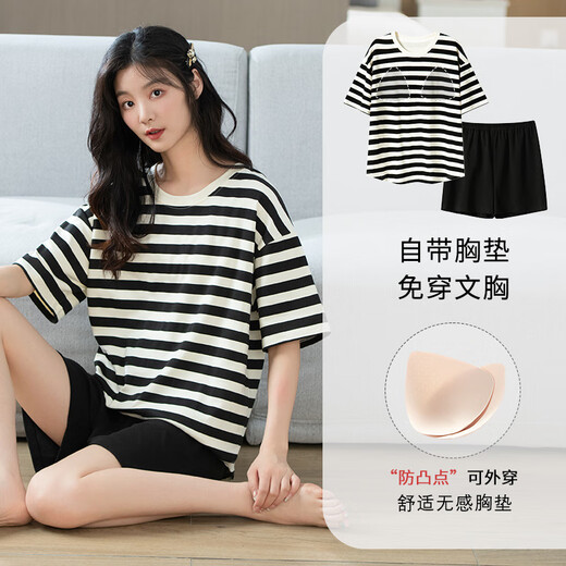 浪莎新款夏季纯棉睡衣女款套装带胸垫短袖短裤少女两件套家居服可外穿 CKE-W6172-1 带胸垫 2XL